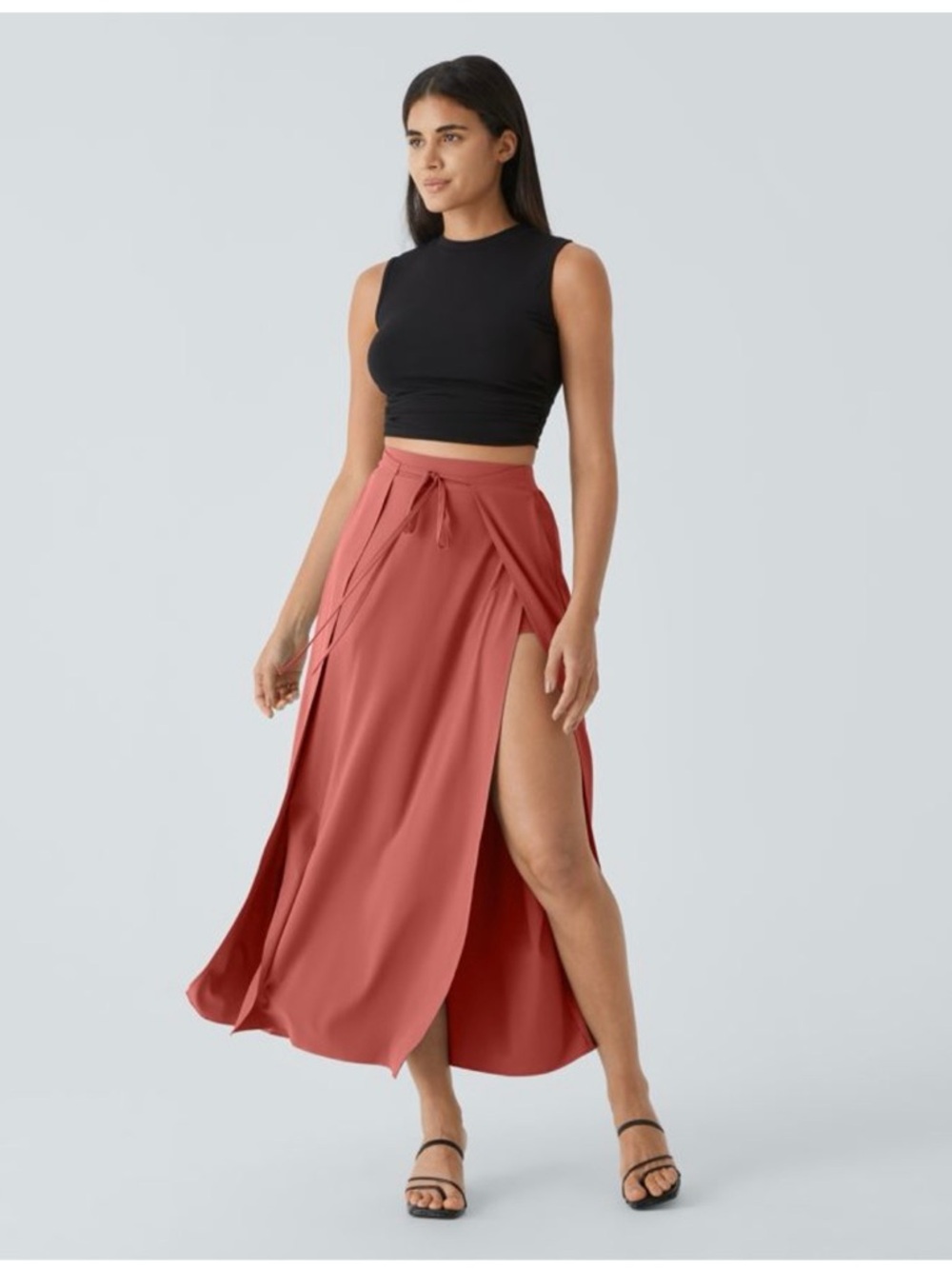HALARA High Waisted Tie Front Plicated Split Flowy Blush Orange Skirt Sz: Small - Picture 5 of 10